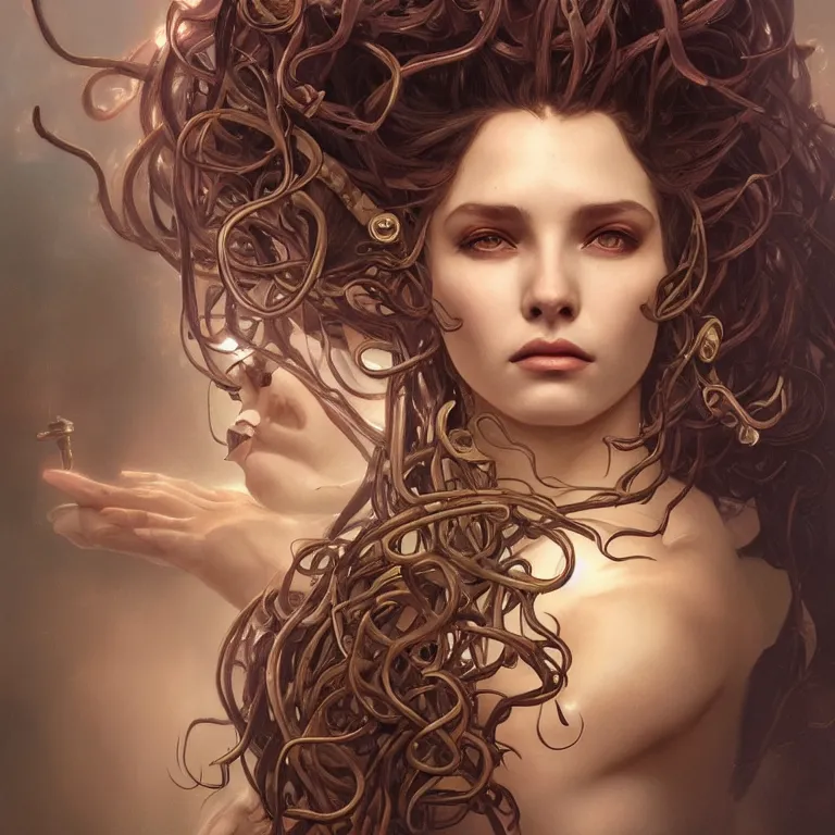 Prompt: a portrait of medusa, headshot, highly detailed, digital painting, artstation, concept art, sharp focus, cinematic lighting, illustration, art by artgerm and greg rutkowski, alphonse mucha, cgsociety