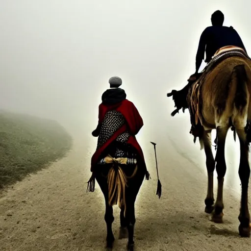 Prompt: an Arab riding a donkey and travelling to the Heavens, foggy vibe