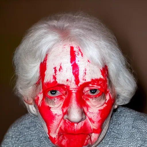 Prompt: Elderly woman with black eyes covered in red paint,