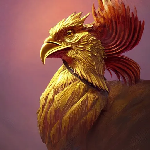 Image similar to primitive golden rooster idol, d & d, fantasy, portrait, digital painting, trending on artstation, concept art, sharp focus, illustration, art by artgerm and greg rutkowski and magali villeneuve