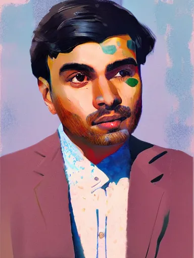 Image similar to artwork by Saul Leiter, of a solo individual portrait of an Indian guy with lilies, dapper, simple illustration, domestic, nostalgic, full of details, Matte painting, trending on artstation and unreal engine