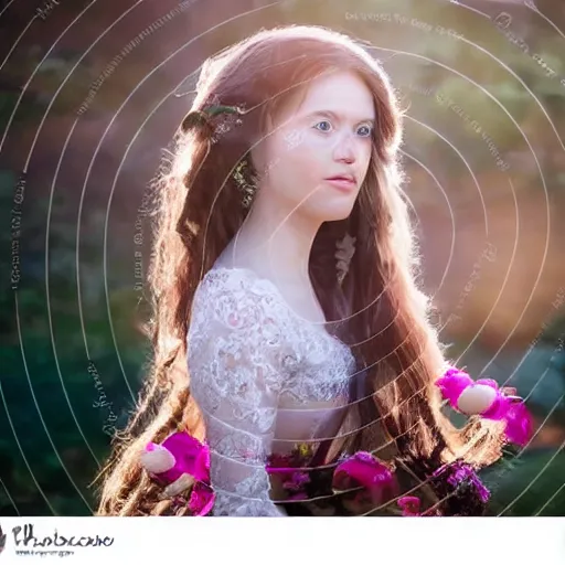 Image similar to a portrait of a young girl with wavey long hair, there is a bird on her head, there's flowers everywhere, very beautiful ambient light with sun rays hitting her hair, 8k photography, wedding photography