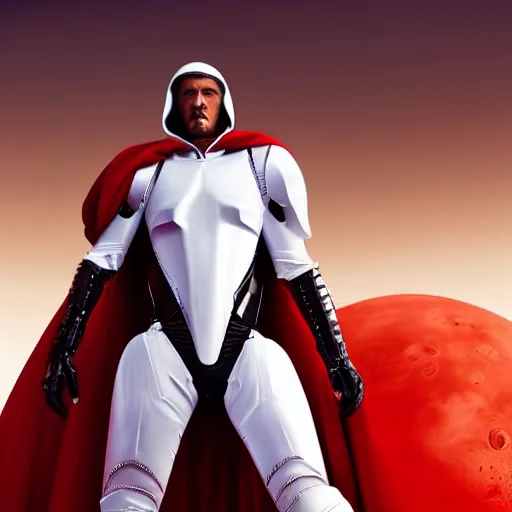 Image similar to portrait of a tall muscular infantry man in glossy sleek white armor with tiny red details and a long red cape, heroic posture, determined expression, on the surface of mars, night time, dramatic lighting, cinematic, sci-fi, hyperrealistic, movie still