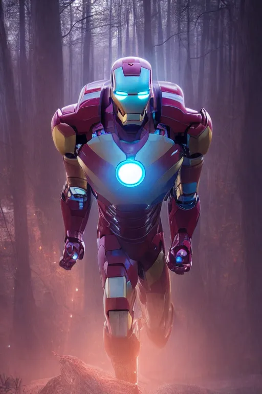 Prompt: Iron Man, magical, forest, evening, light blue mist, Marvel, symmetrical, hyper realistic, digital art, octane render, trending on artstation, artstationHD, artstationHQ, unreal engine, 4k, 8k