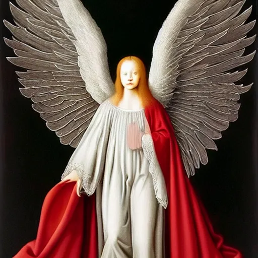 Image similar to highdetailed hyperrealistic painting of white angel!!! no gender smiling noface!!!, light instead of hands, white sparkles everywhere, 4 k hd face!!!, big silver high detailed wings!!!, renaissance, by jan van eyck, holography space, glow effect, large strokes, monochrome!!!!!