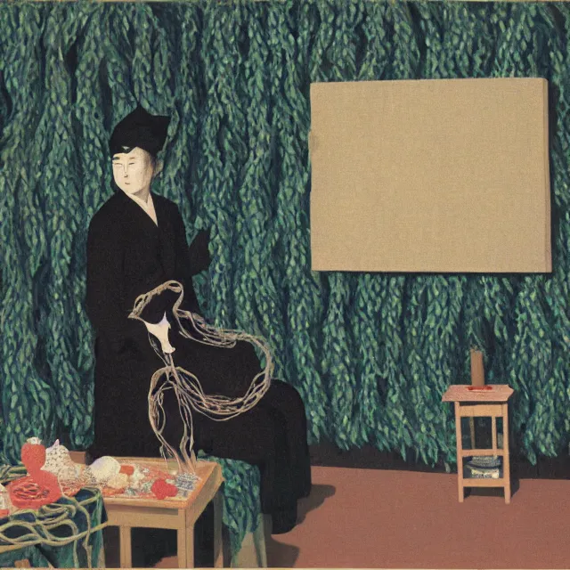 Image similar to a female pathology student in her apartment, wrapped in vines, medical equipment, candles, octopus, japanese tea ceremony, pig, black walls, ikebana, black armchair, sculpture, acrylic on canvas, surrealist, by magritte and monet