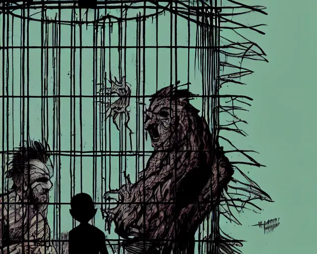 Prompt: a horrible shadow monster looming over a normal man who is trapped in a cage, vibrant, full shot