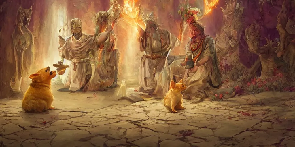 Prompt: beautiful painting of fantasy corgi cult leader doing sacrificial ceremony, by James Gurney and Greg Rutkowski. trending on Artstation, 8k, masterpiece, graffiti paint, fine detail, full of color, intricate detail, golden ratio illustration, corgi