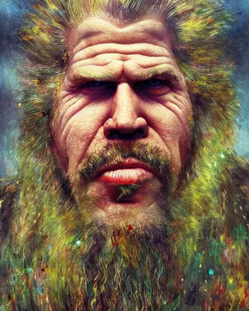 Prompt: a film still extreme close - up shot of ron perlman as an old wizard in a misty swamp by esao andrews. colorful, vibrant. trending on artstation