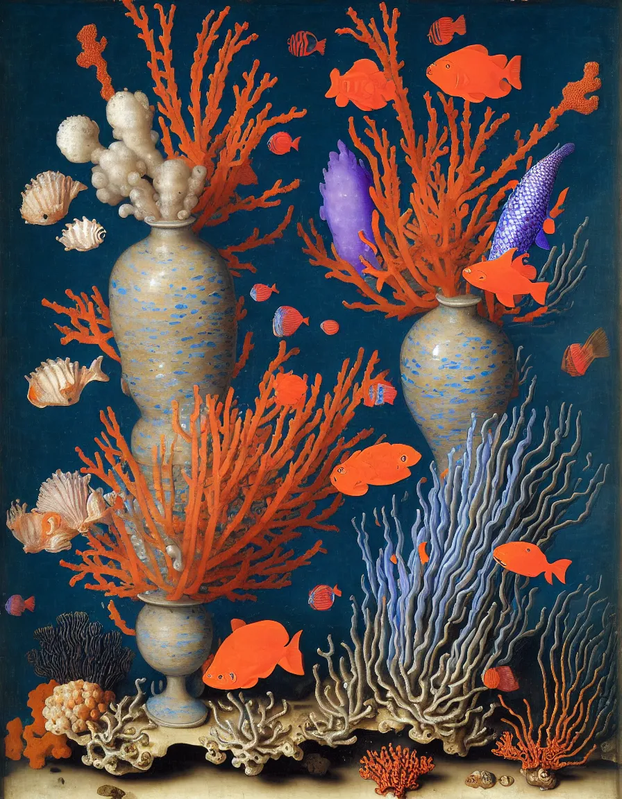 Image similar to bottle vase of coral under the sea decorated with a dense field of stylized scrolls that have opaque outlines enclosing mottled blue washes, with purple shells and blue fishes, Ambrosius Bosschaert the Elder, oil on canvas, around the edges there are no objects