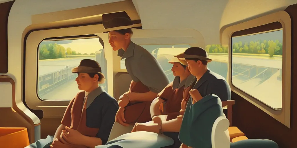 Prompt: sad in the train wagon, summer evening, kenton nelson