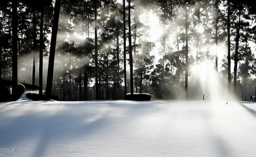 Prompt: augusta national, the masters, nr. 1 2, middle of the winter, completely covered in snow, beautiful ambient light, stunning photography, fog, light rays