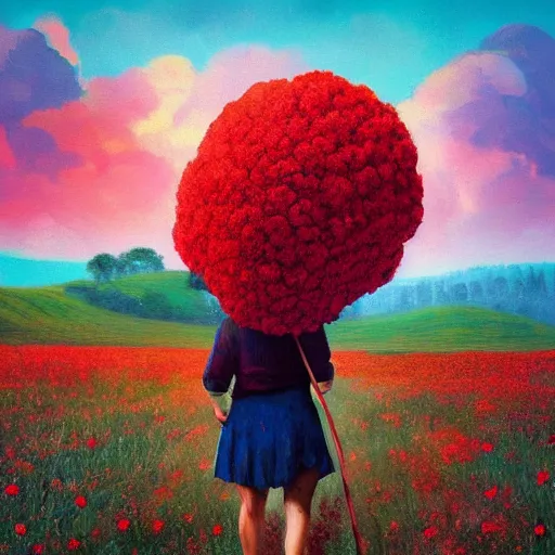 Prompt: giant red carnation afro head, full body, girl walking in the middle of a field with flowers, surreal photography, hills, sunrise dramatic light, impressionist painting, colorful clouds, digital painting, pointillism, artstation, simon stalenhag