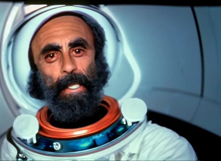 Prompt: film still of 30 year old Tommy Chong as Dr. Dave Bowman in 2001 A Space Odyssey