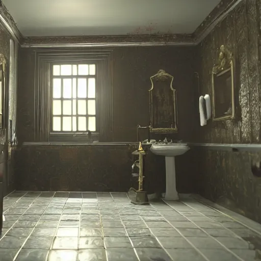 Prompt: bathroom of a dark mansion, objects from ritual in the ground, realistic, highly detailed, hd, unreal engine, background of resident evil game