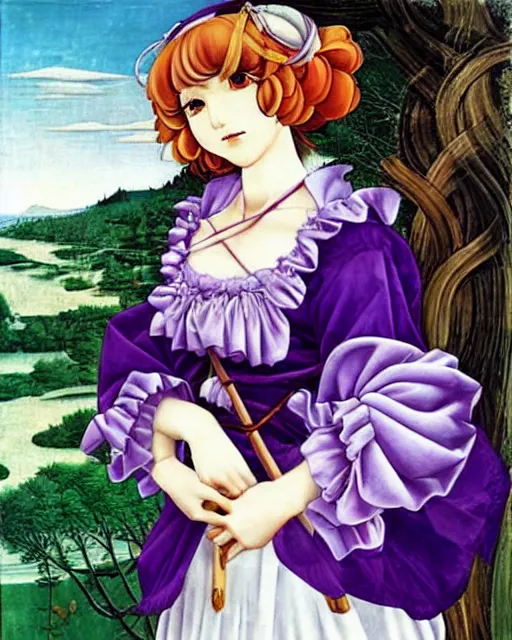 Image similar to touhou character yukari yakumo, purple frilly dress, long blonde hair, bonnet with bow, realistic art, art in the renaissance style of sandro botticelli