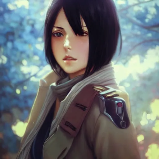 Image similar to mikasa ackerman, bokeh, beautiful face!!!!, 2 7 years old, cg animation, lifelike, animated, realistic, character select portrait, by artgerm, greg rutkowski, alphonse mucha, 3 d