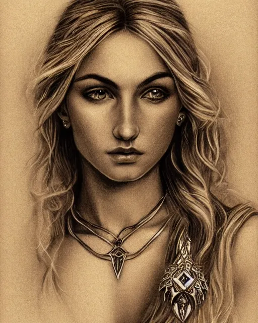 Image similar to pencil drawing of a beautiful greek goddess aphrodite with arrowhead jewelry, beautiful piercing eyes, beautiful blonde hair, hyper realistic face, in the style of greg rutkowski, fantasy, amazing detail, epic, elegant, smooth, sharp focus, from the front