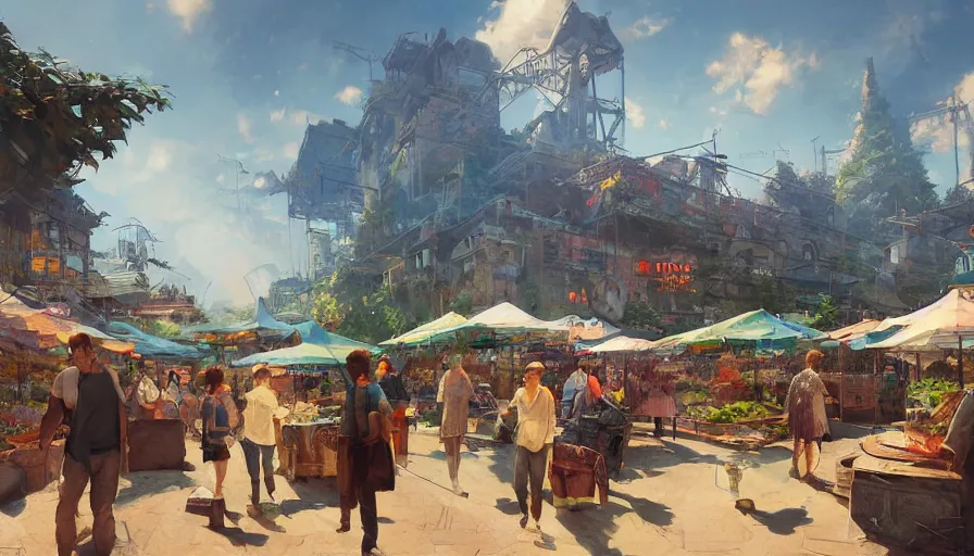 Prompt: craig mullins and ghibli digital illustration of solarpunk farmers market, festival, colorful, unreal engine, hyper realism, realistic shading, cinematic composition, realistic render, octane render, detailed textures, photorealistic, wide shot