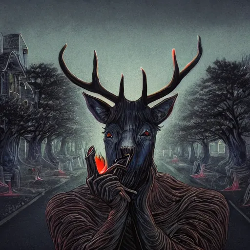 Image similar to 4 k headshot portrait of a psychedelic demonic anthropomorphic deer - horned wendigo smoking a hand - rolled cigarette smoking heavily, magic mushroom village in background. award winning. superb resolution. in the art style of junji ito and greg rutkowski. detailed mushroom city in background. hyper realistic anime. perfect art. dalle 2