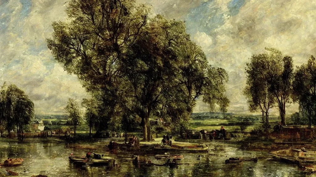 Prompt: portrait of a town by a lake, countryside, victorian, fantasy, cinematic lighting, realistic, highly detailed, painting by john constable