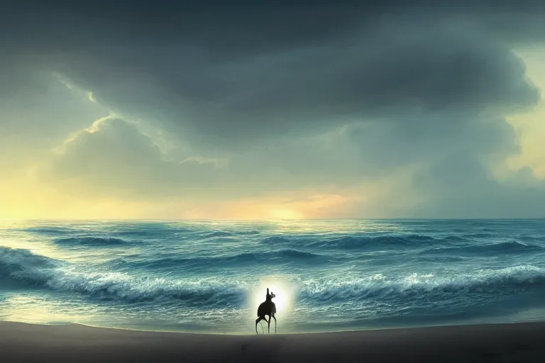 Image similar to photo of man riding a horse along the beach, glowing underwater waves toward a lighthouse in the distance guiding his way, silhouette, wide horizon, large white clouds, seagulls, night, intricate, elegant, highly detailed, digital painting, artstation, concept art, smooth, sharp focus, illustration, art by artgerm and greg rutkowski and fra angelico