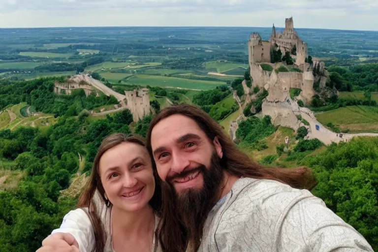 Image similar to selfie from a mobile phone of jesus and mary magdalene standing on a cliff looking over a beautiful landscape with castles in france, award winning photo, very detailed, very realistic