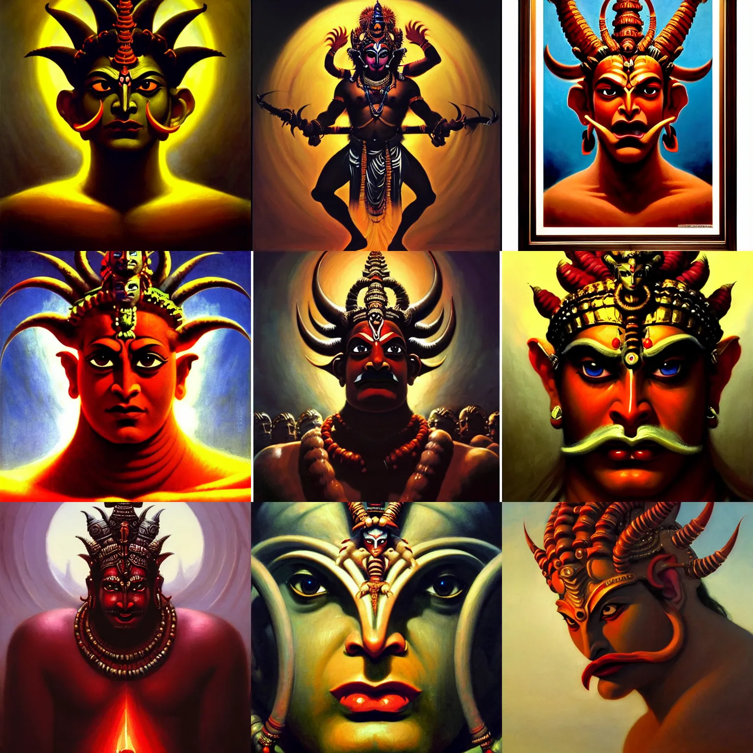 Prompt: a beautiful cinematic masterpiece headshot portrait of majestic colossal gothic hindu asura demon god ravan with ten heads, from ramayan, symmetric centered portrait, by edward hopper, by bruce pennington, by greg rutkowski, oil on canvas, trending on artstation, brilliant diffused studio lighting, sharp, hyper - detailed, cinematic composition, no frames, hd, 8 k