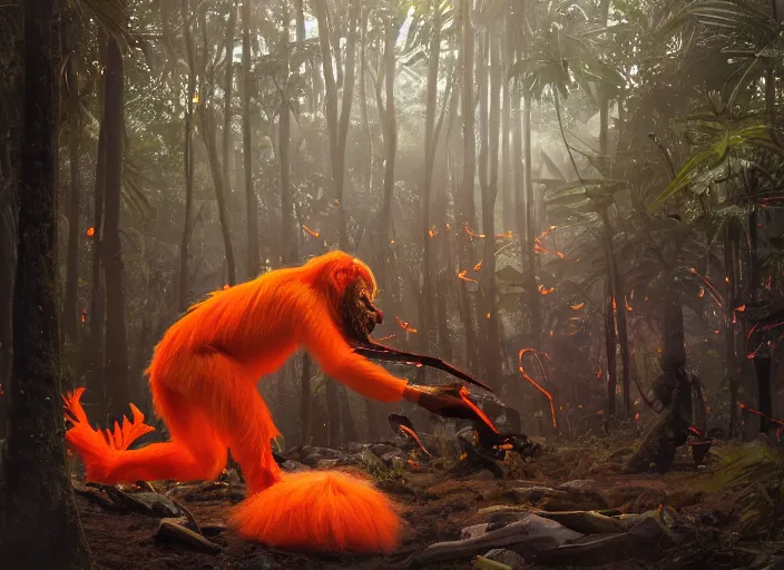 Prompt: dozens of orange safety cones are spread around a beautiful strange forest, a man in a hairy gorrilla costume sri lankan mahasona yaka devil beast in a mask dances in ritual in the center distance, cinematic painting by james jean, atomspheric lighting, moody lighting, dappled light, detailed, digital art, limited color palette, wes anderson, artstation