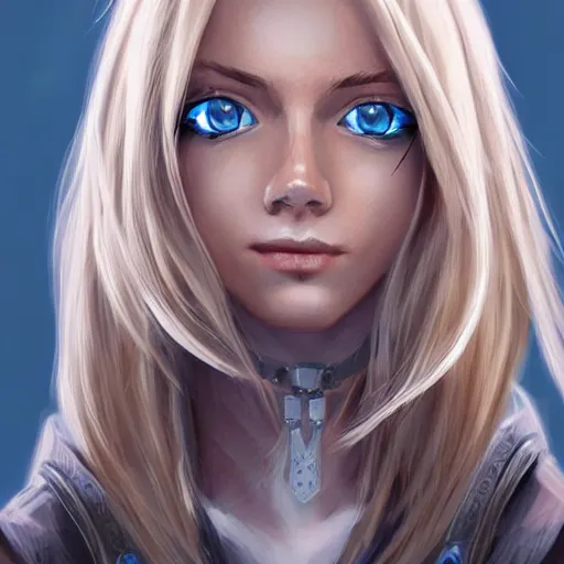 Image similar to portrait, 30 years old women :: fantasy :: blue eyes, long straight blonde hair, beeing happy, smiling :: attractive, symmetric face :: brown medieval cloting, natural materials :: high detail, digital art, RPG, concept art, illustration