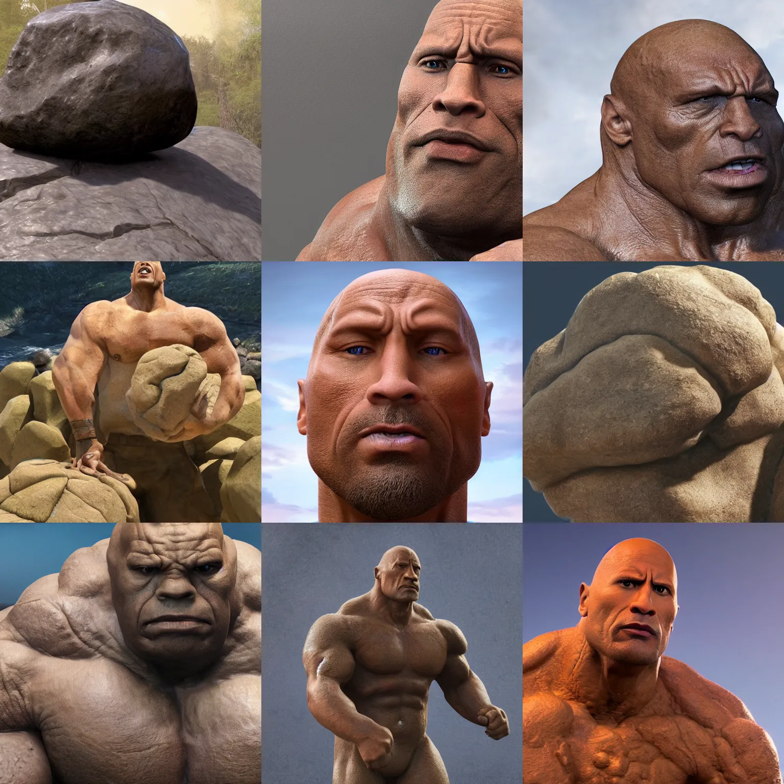 Image similar to dwayne johnson is a boulder rock made of stone, the thing for fantastic 4, octane render, 8 k cinematic still, highly detailed, sculpted in zbrush, textured in substance, featured on artstation