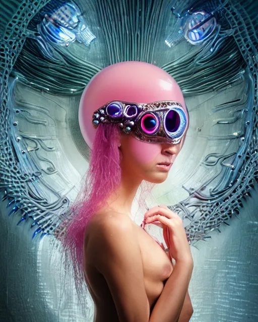 Image similar to natural light, soft focus portrait of a cyberpunk anthropomorphic jellyfish with soft synthetic pink skin, blue bioluminescent plastics, smooth shiny metal, elaborate ornate head piece, piercings, skin textures, by annie leibovitz, paul lehr