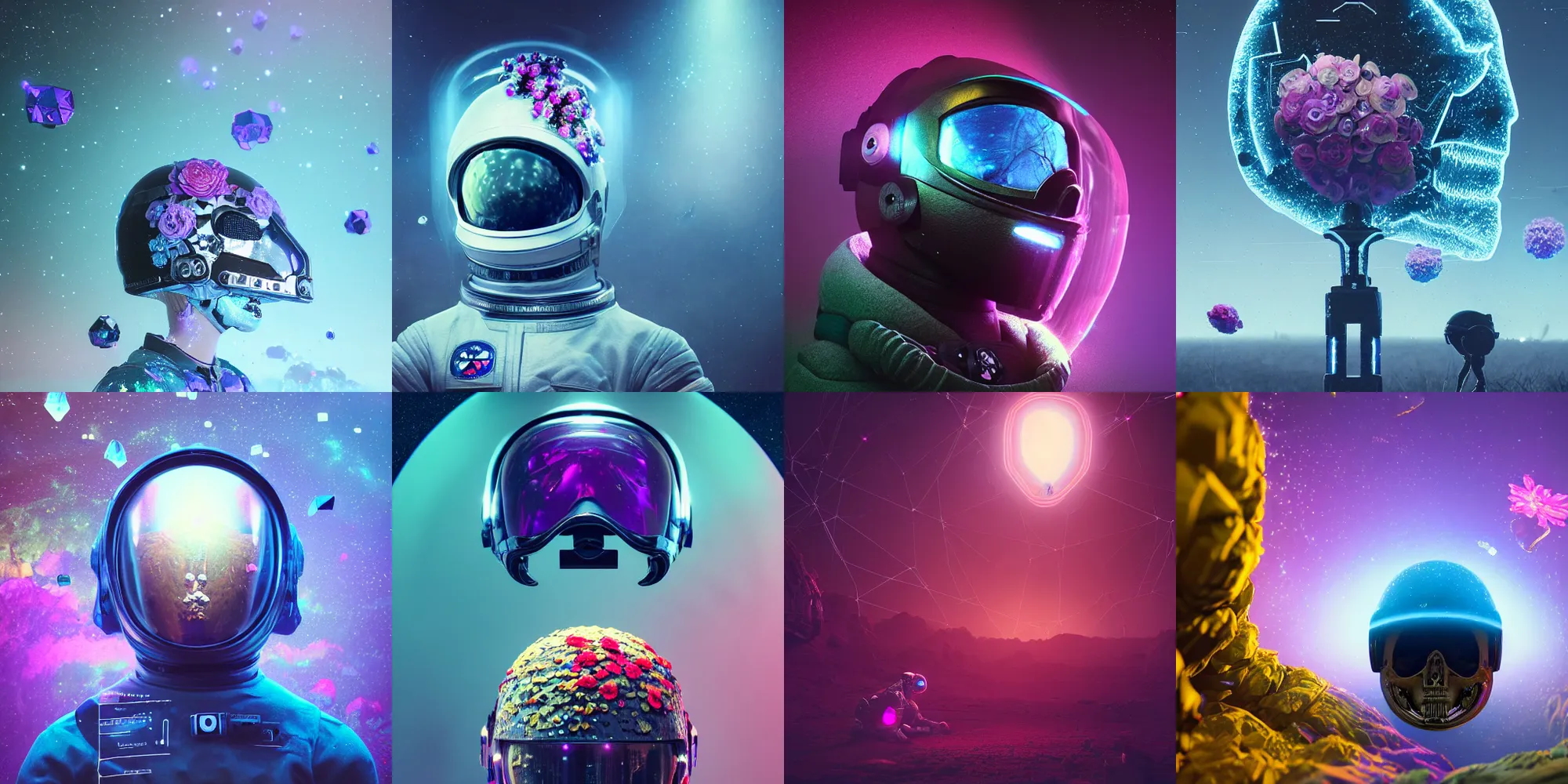 Prompt: beautiful dark landscape, astronaut cracked helmet skull head, beautiful flowers and crystals, in the style of beeple and mike winkelmann, intricate, epic lighting, cinematic composition, hyper realistic, 8 k resolution, unreal engine 5, raytracing, ultraviolet colors,