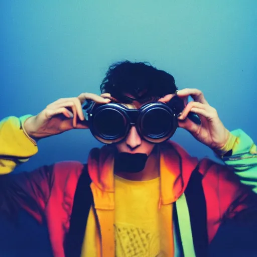 Image similar to kodak portra 1 6 0 photograph of a skinny nerdy goth guy with wild hair wearing goggles and eclectic jewelry, moody lighting, telephoto, 9 0 s vibe, rave background, vaporwave colors, faded!,