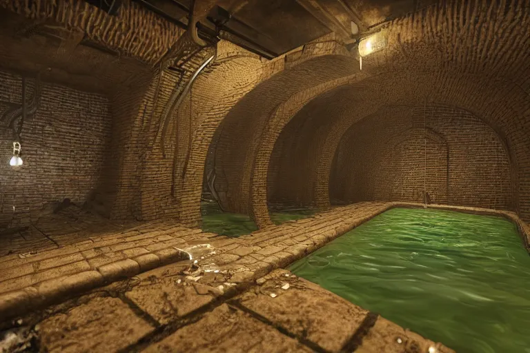 Prompt: Interior design of an intricate sewers system with gym equipment, a water channel runs through the center, underground, the tunnel walls are made of bricks, interlacing paths, brass pipes on the walls, a slight green glow emanates from the water, mysterious lighting, vivid cartoony colors, Artstation, PBR materials