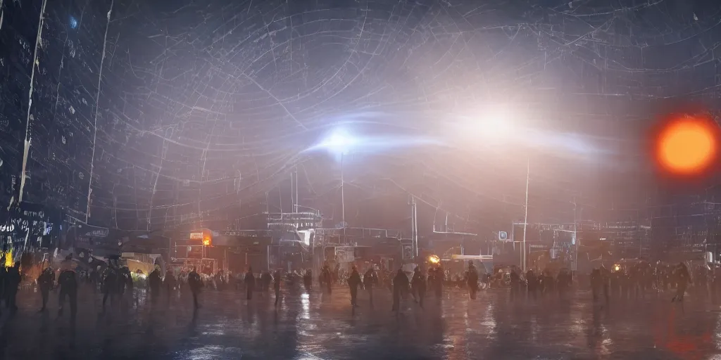 Image similar to policemen protecting a huge orange spiral - shaped bright white luminous attractor that is floating right in the center of the city from protesting people,, rain and light fog, professional lighting, concept art in 3 d, high detail, professional lighting, unreal engine