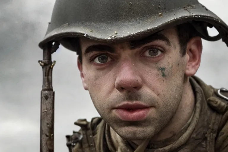 Image similar to jay baruchel as world war 1 soldier in the trenches, bullets whizzing past, cinematic lighting, high contrast, 4 k hdr imax cinematography by roger deakins, award winning shot, beautiful composition, principal photography, vfx action shot