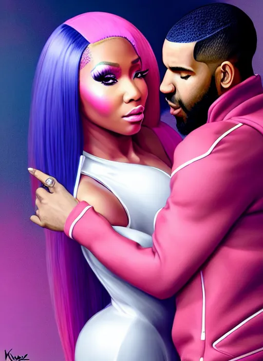 Prompt: nicki minaj embraces drake as they pose for a model brand, evangelion, au naturel, hyper detailed, digital art, trending in artstation, cinematic lighting, studio quality, smooth render, unreal engine 5 rendered, octane rendered, art style by klimt and nixeu and ian sprigger and wlop and krenz cushart