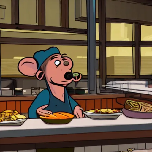 Image similar to A rat working as a chef in a run down New York City diner, High Definition Animated Still