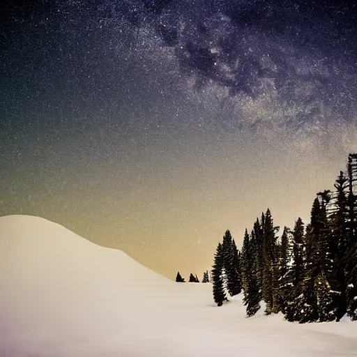 Prompt: calming relaxing snowy mountain silhouetted against a dark starry night sky from a distance