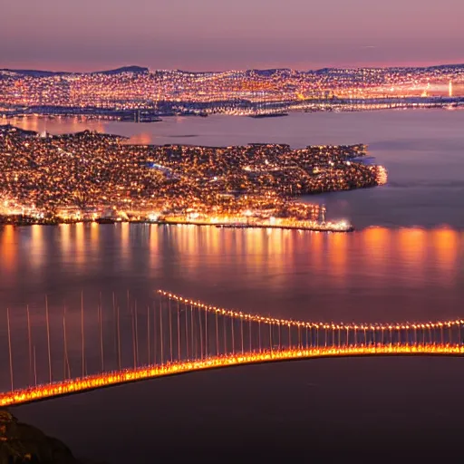 Prompt: two modern cities at night separated by a bay reflecting a red moon, connected by two bridges