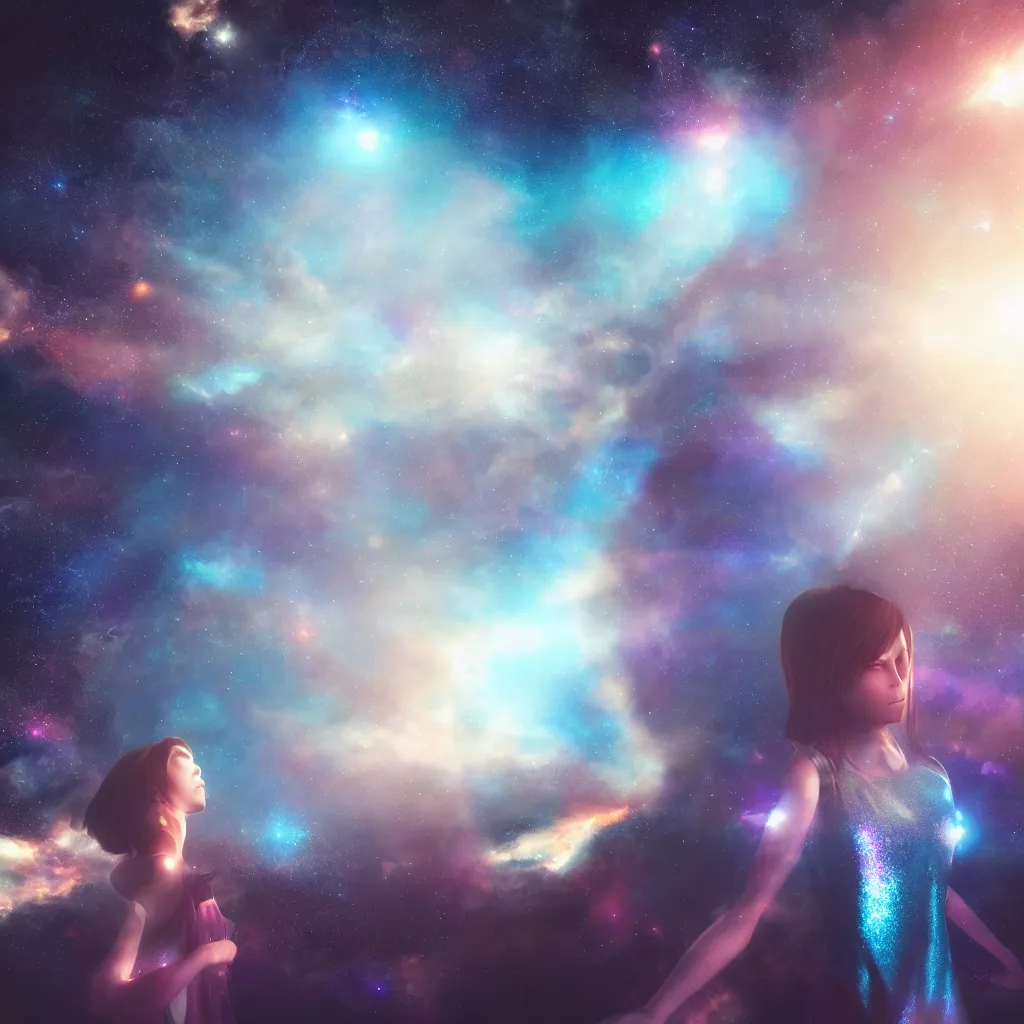 Prompt: the girl in the center looks at space, epic, volumetric light, hyperrealistic, glitter, mega detailed, beautiful composition, beautiful lighting, unreal render, 4 k