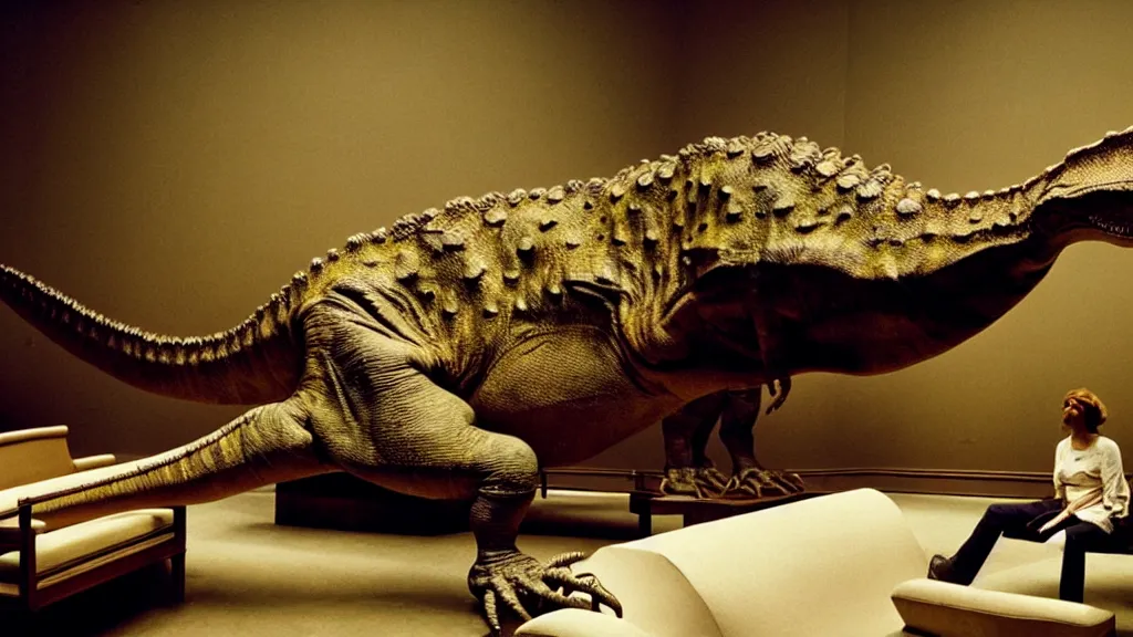 Image similar to a dinosaur lying on a couch at a museum, film still from the movie directed by David Fincher with art direction by Salvador Dalí, wide lens