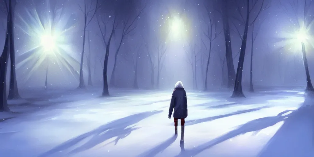 Image similar to a painting of a person walking in the snow, concept art by cyril rolando, featured on deviantart, metaphysical painting, anamorphic lens flare, 2 d game art, concept art