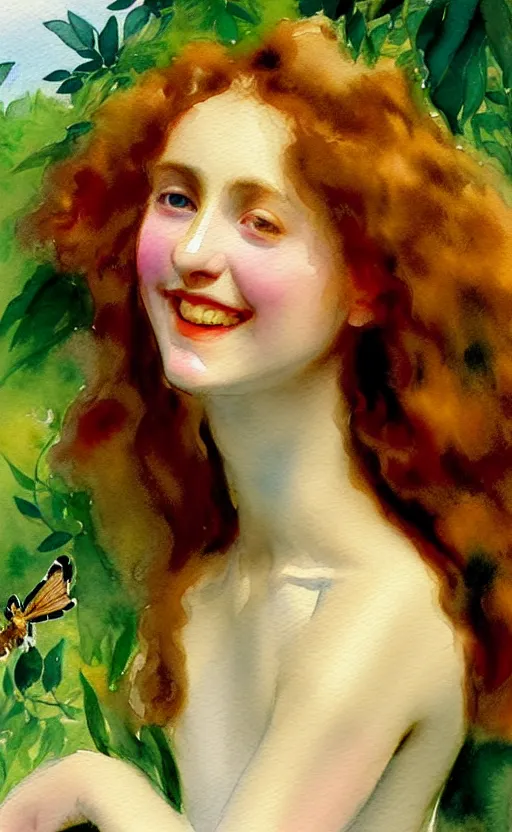 Image similar to the face of a young woman with marble complexion, angelic features, dancing curls around her face, her head raised in rapture, laughing, symmetrical eyes, watercolor by john singer sargent, background lush vegetation, insects and birds, 8 k uhd