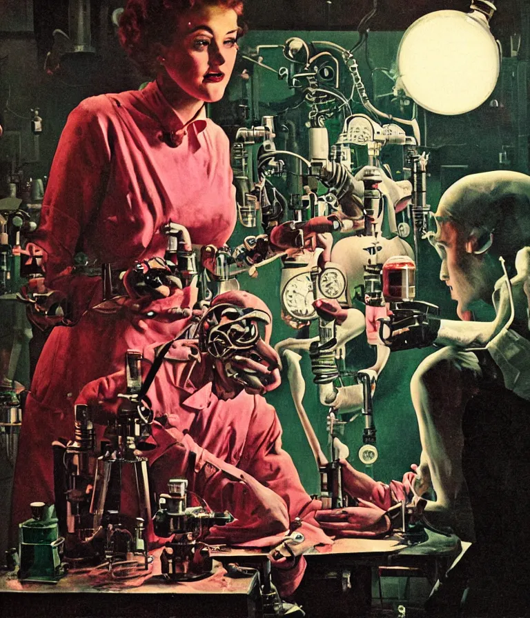 Prompt: a female mad scientist woman building a humanoid robotic man, in a darkly lit laboratory room, 1 9 5 0 s horror movie poster style, ( norman rockwell oil painting ), tight shot, close - up shot, retro science fiction, vintage, saturated pink and green lighting, shadowy lighting, cohesive