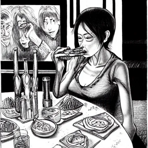 Prompt: A woman at dinner eating raw meat, Highly detailed ,horrible,pencil drawing, by Junji Ito