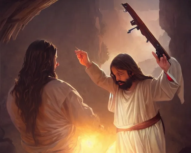 Image similar to photography of jesus christ pointing ak 4 7 to a small child wrapped in toilet paper, deep focus, d & d, fantasy, intricate, elegant, highly detailed, digital painting, artstation, concept art, matte, sharp focus, illustration, hearthstone, art by artgerm and greg rutkowski and alphonse mucha