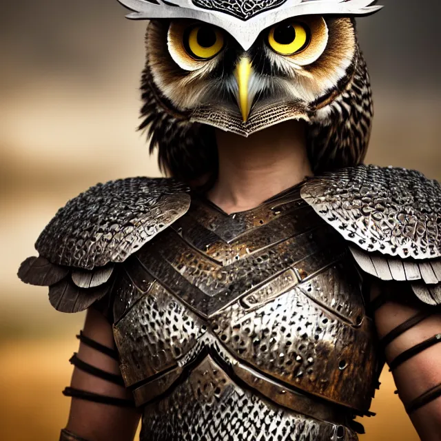 Prompt: full body photo of a beautiful cute strong warrior queen wearing owl armour, highly detailed, 8 k, hdr, smooth, sharp focus, high resolution, award - winning photo