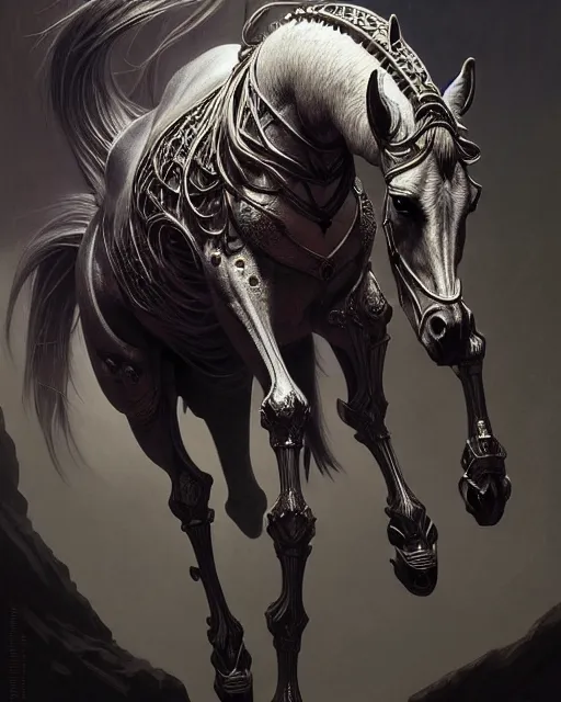 Image similar to fractal horse by giger, deep focus, d & d, dark fantasy, intricate glow accents, elegant, highly detailed, digital painting, artstation, concept art, matte, sharp focus, 8 k 3 d, hearthstone, art by artgerm and greg rutkowski and alphonse mucha